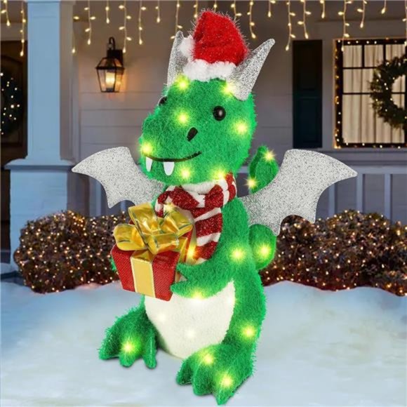 Lighted Christmas Green Dinosaur, 23.5 Inch Pre-Lit 3D Tinsel Flying Dragon - Picture 2 of 6